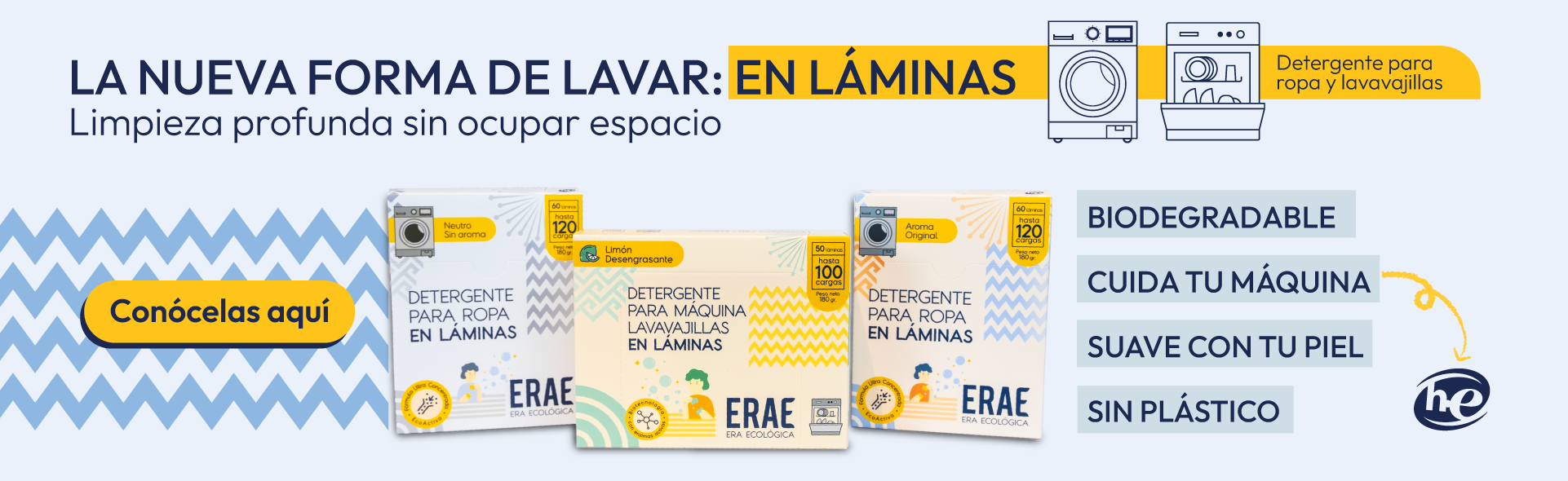 Banner principal de ERAE: "La nueva forma de lavar: en láminas". Presenta detergente para ropa y lavavajillas con beneficios de fórmula biodegradable, cuidado de la máquina, suavidad con la piel y empaque sin plástico