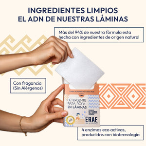 Explicación de qué son las láminas de detergente ERAE: limpieza potente con aroma fresco, empaque sostenible que elimina botellas de plástico y fórmula libre de fosfatos