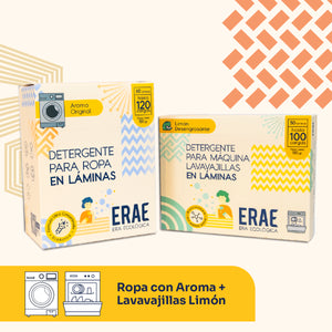 Pack de descuento ERAE: Ropa con Aroma + Lavavajillas Limón. Beneficio de 220 lavadas totales con fórmulas potentes de origen vegetal. Cámbiate a la limpieza ecológica y ahorra espacio en tu cocina y zona de ropas