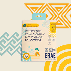 Kit de prueba de lavavajillas ERAE en láminas. Beneficio de limpieza desengrasante en sobre de bolsillo. Rinde 10 cargas, biodegradable y libre de envases plásticos