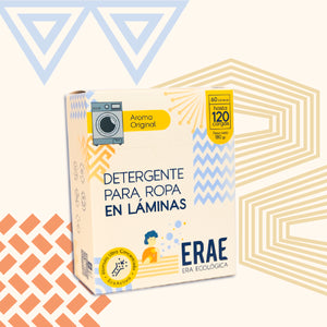 Caja de 60 láminas de detergente ERAE con Aroma Original. Beneficio de 120 cargas de lavado en un empaque liviano, ecologico, libre de químicos agresivos y 100% soluble en agua
