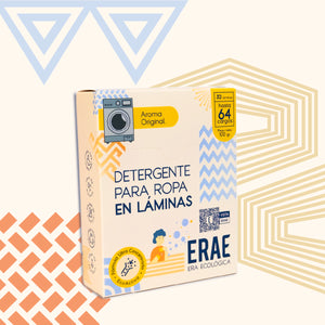 Detergente en láminas ERAE Aroma Original. Beneficio de máximo rendimiento en mínimo espacio, libre de químicos agresivos y 100% soluble en agua para cuidar tu ropa y el planeta.