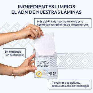 Lámina de detergente hipoalergénico ERAE sin aroma. Limpieza segura para toda la familia y mascotas, libre de químicos agresivos y plásticos