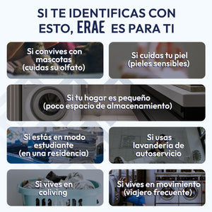 Detergente en láminas ERAE Sin Aroma. Caja de 60 unidades para 120 cargas. Beneficio de limpieza hipoalergénica en un formato ligero y fácil de guardar