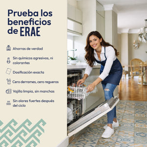Beneficios del detergente para lavavajillas ERAE. Infografía que resalta el ahorro, la dosificación exacta sin regueros y el resultado de una vajilla limpia y sin manchas ni olores químico