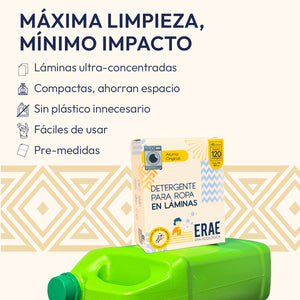Explicación de qué son las láminas de detergente ERAE: limpieza potente con aroma fresco, empaque sostenible que elimina botellas de plástico y fórmula libre de fosfatos premedidas