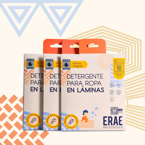 Pack de 3 sobres de detergente en láminas ERAE Aroma Original. Beneficio de ahorro por volumen para 15 cargas. Limpieza potente, aroma fresco y formato compacto que cuida el planeta.