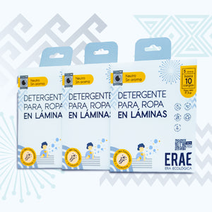 Pack de descuento detergente en láminas ERAE Neutro. Beneficio de 30 lavadas en formato de sobre portátil. Libre de fragancias, químicos agresivos y amigable con el medio ambiente