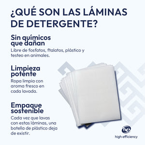 Explicación visual de las láminas ERAE. Beneficio de un lavado potente sin químicos agresivos, empaque sostenible y fórmula biodegradable que cuida el agua