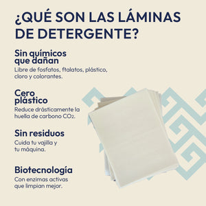 Láminas de detergente ERAE con aroma original. Beneficio de ropa limpia sin químicos que dañan, empaque biodegradable y alta eficiencia en cada lavada