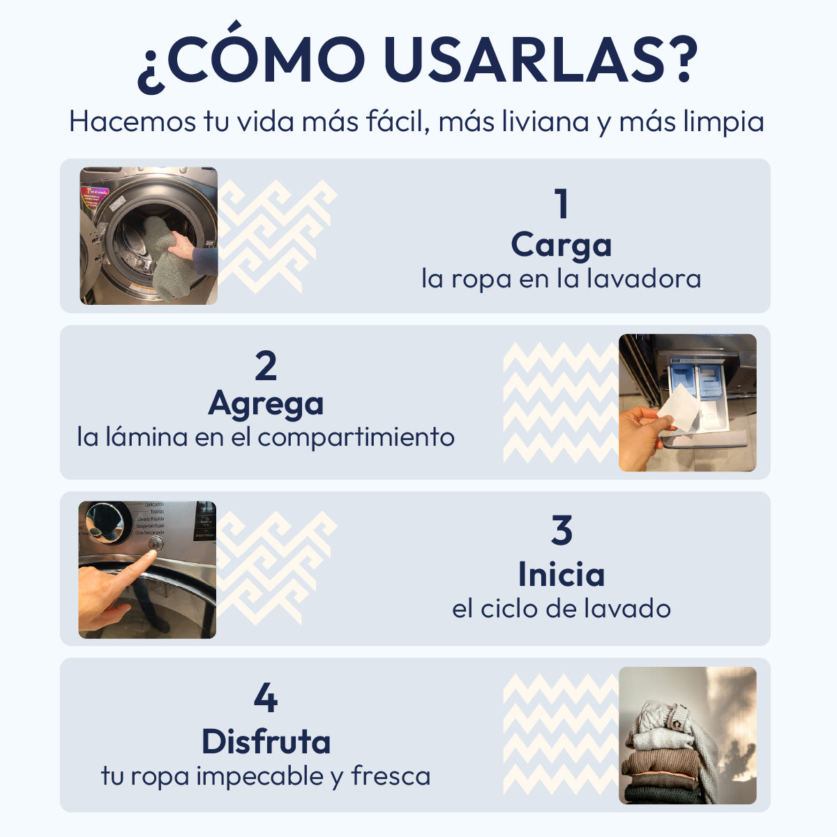 Guía de 4 pasos para usar ERAE: 1. Meter la ropa, 2. Poner la lámina sobre la ropa, 3. Iniciar el ciclo de lavado y 4. Disfrutar ropa limpia. Beneficio de dosificación perfecta sin derrames ni desperdicio