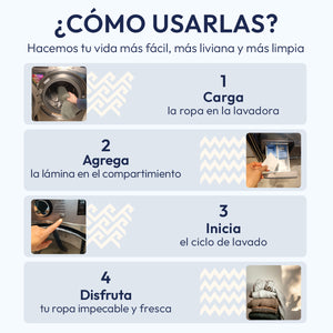 Guía de 4 pasos para usar ERAE: 1. Meter la ropa, 2. Poner la lámina sobre la ropa, 3. Iniciar el ciclo de lavado y 4. Disfrutar ropa limpia. Beneficio de dosificación perfecta sin derrames ni desperdicio