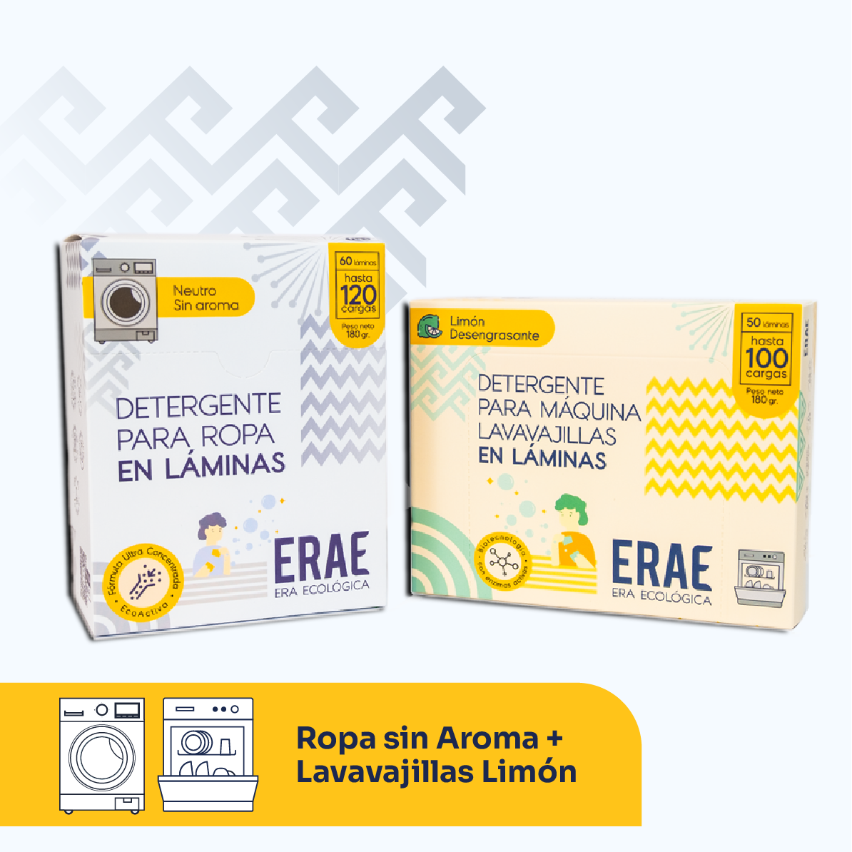 Pack ahorro ERAE: Ropa sin Aroma + Lavavajillas Limón. Beneficio de 220 lavadas seguras para pieles sensibles y platos relucientes. Formato compacto en láminas que ahorra espacio en tu hogar.