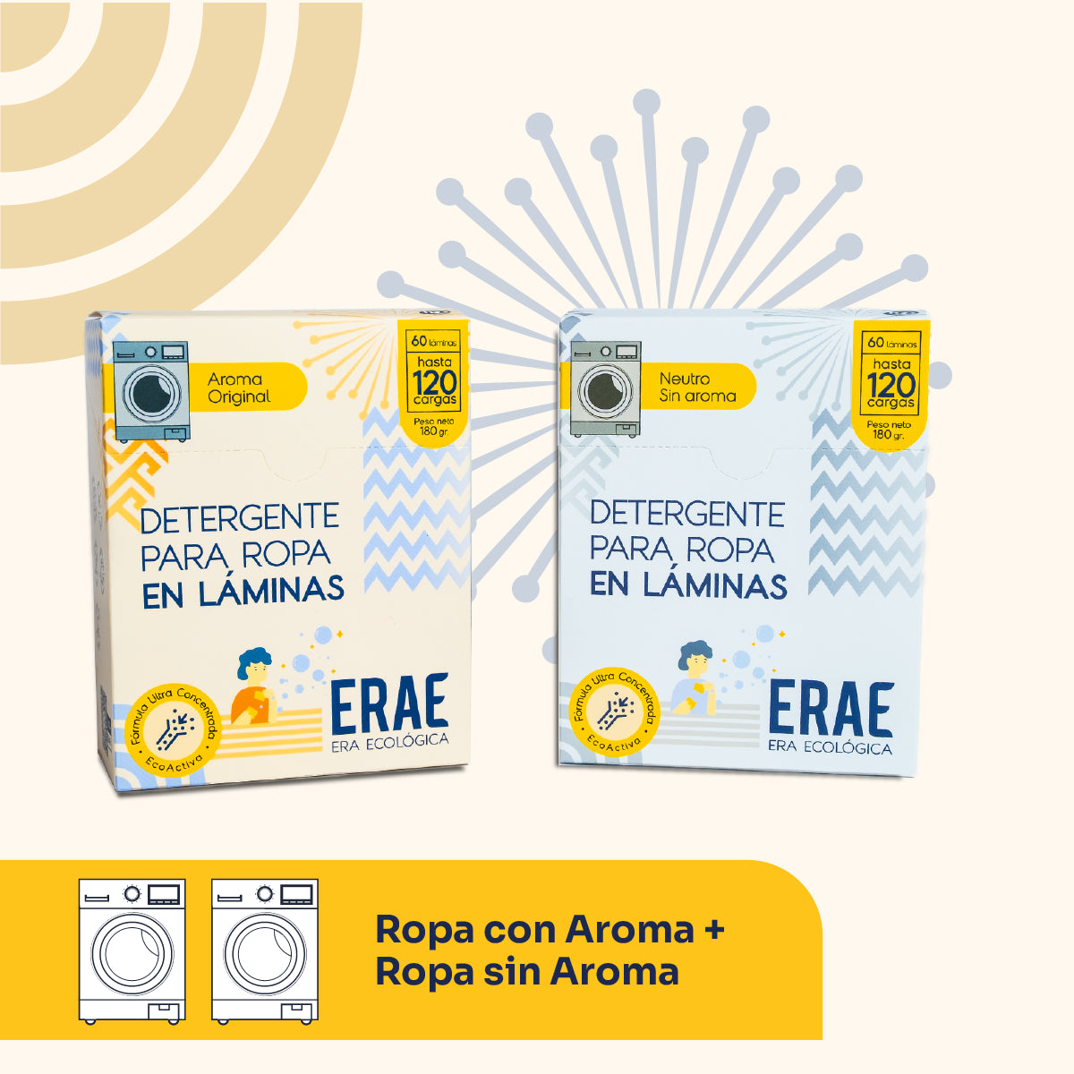 Pack Descuento ERAE: Ropa con Aroma + Ropa sin Aroma. Beneficio de 240 cargas de lavado ecológico. Solución versátil para ropa delicada y de uso diario en un formato compacto que no utiliza plástico.