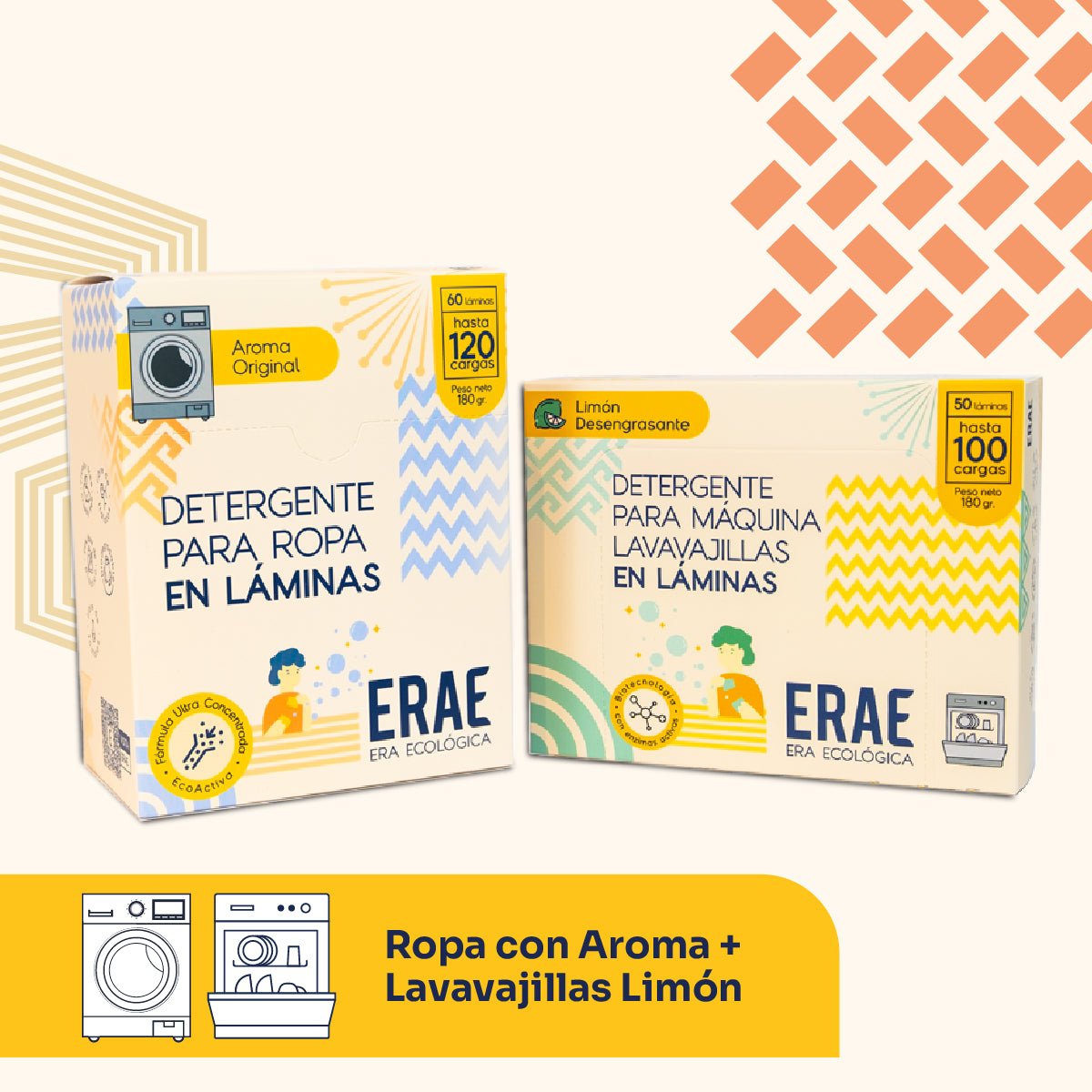 Pack de descuento ERAE: Ropa con Aroma + Lavavajillas Limón. Beneficio de 220 lavadas totales con fórmulas potentes de origen vegetal. Cámbiate a la limpieza ecológica y ahorra espacio en tu cocina y zona de ropas
