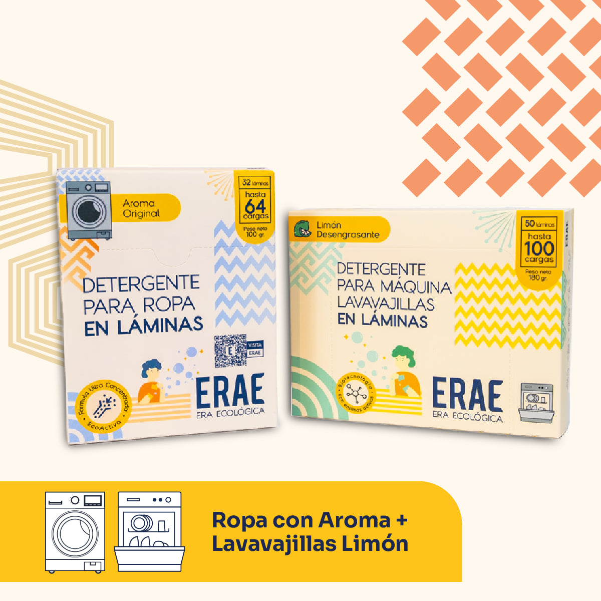 Pack Ahorro ERAE: Ropa con Aroma + Lavavajillas Limón. Beneficio de 164 cargas totales de limpieza potente y natural. Cámbiate a las láminas de detergente sin plásticos y ahorra espacio en tu hogar