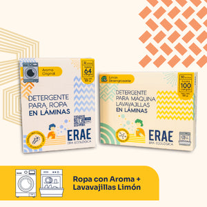 Pack Ahorro ERAE: Ropa con Aroma + Lavavajillas Limón. Beneficio de 164 cargas totales de limpieza potente y natural. Cámbiate a las láminas de detergente sin plásticos y ahorra espacio en tu hogar