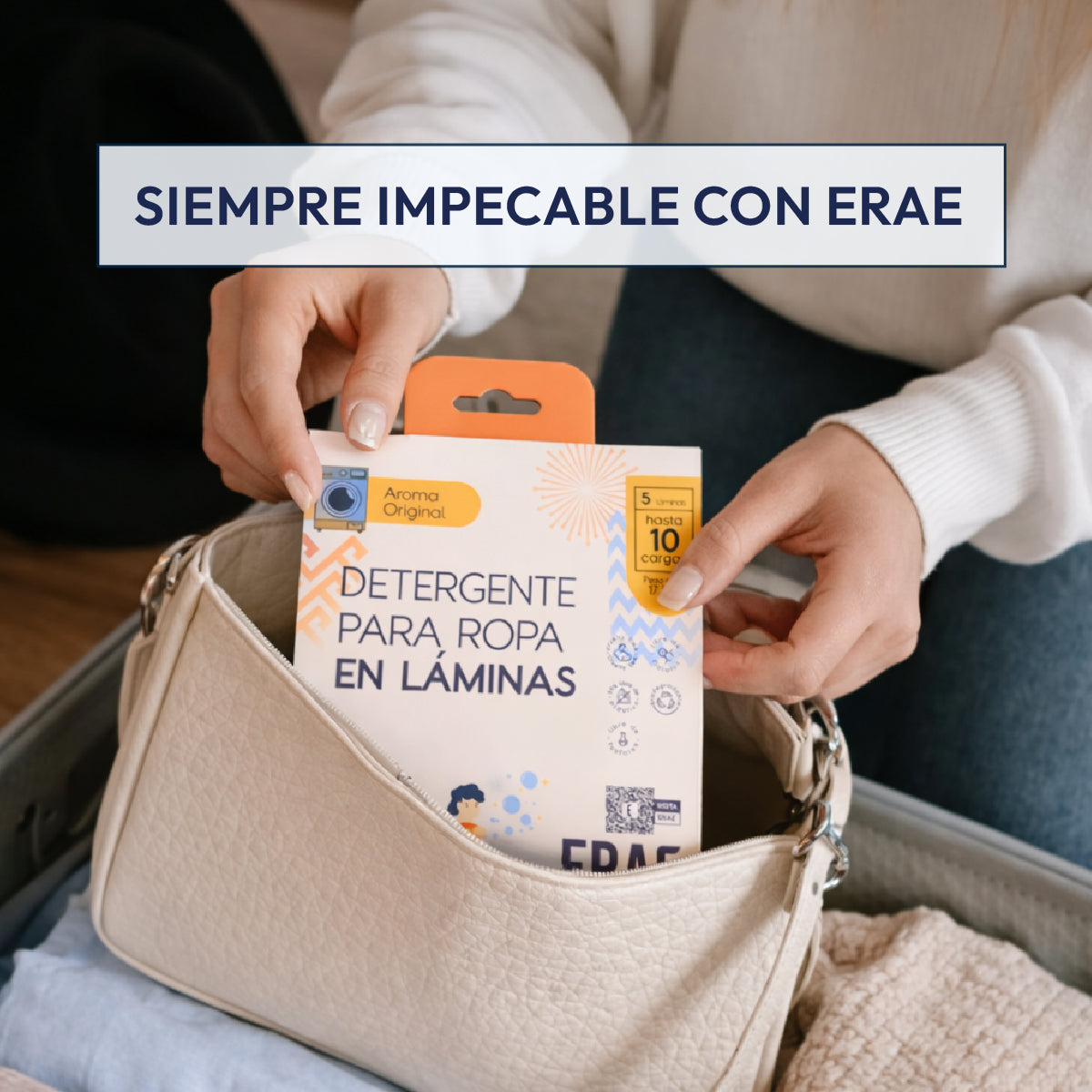 Detergente en láminas ERAE para viajeros. Beneficio de limpieza impecable en cualquier lugar con un sobre que no ocupa espacio. Formato biodegradable de 5 láminas con aroma fresco