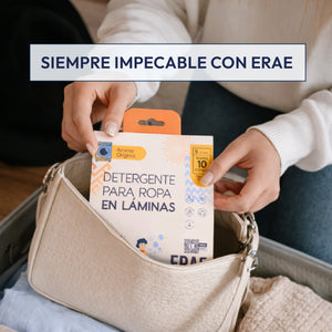 Detergente en láminas ERAE para viajeros. Beneficio de limpieza impecable en cualquier lugar con un sobre que no ocupa espacio. Formato biodegradable de 5 láminas con aroma fresco