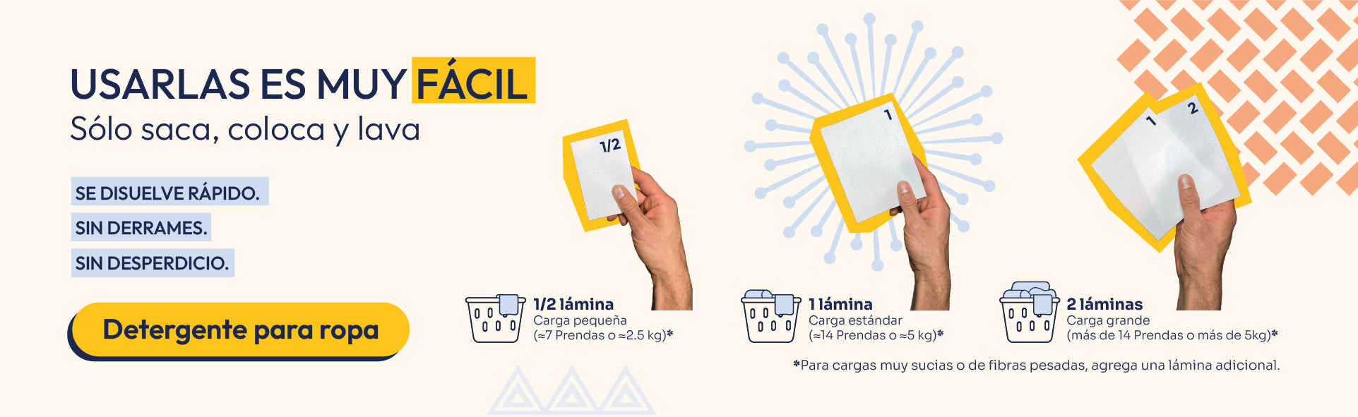 uía de uso para detergente de ropa ERAE: 1/2 lámina para carga pequeña (7 prendas), 1 lámina para carga estándar (14 prendas) y 2 láminas para carga grande. Beneficio de disolución rápida sin derrames ni desperdicio.