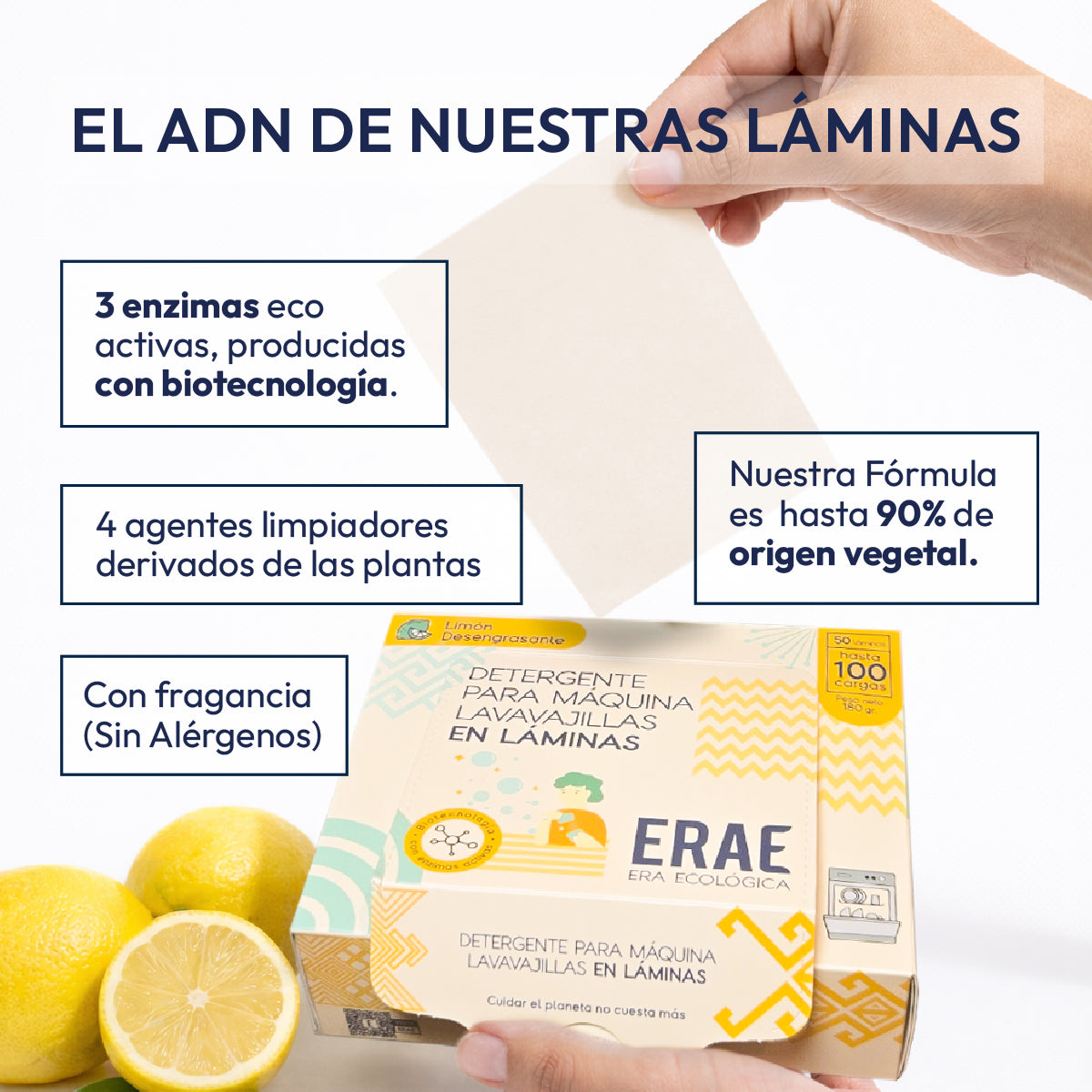 Detalle de ingredientes de las láminas para lavavajillas ERAE. Muestra los beneficios de su fórmula vegetal y biotecnología desengrasante con 3 enzimas naturales