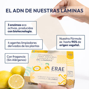 Detalle de ingredientes de las láminas para lavavajillas ERAE. Muestra los beneficios de su fórmula vegetal y biotecnología desengrasante con 3 enzimas naturales