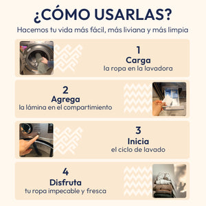 Guía de 4 pasos para usar láminas de detergente ERAE: 1. Carga la ropa, 2. Agrega la lámina, 3. Inicia el ciclo, 4. Disfruta tu ropa limpia y fresca.