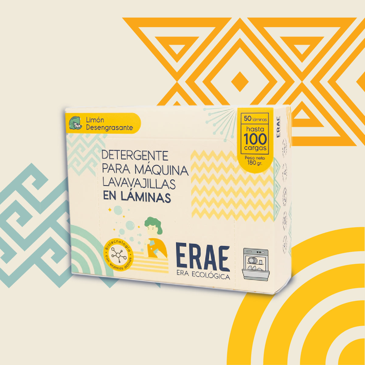 Detergente en láminas para lavavajillas ERAE. Beneficio de 100 cargas de limpieza profunda en un empaque compacto. Sin químicos agresivos y 100% soluble para un brillo impecable