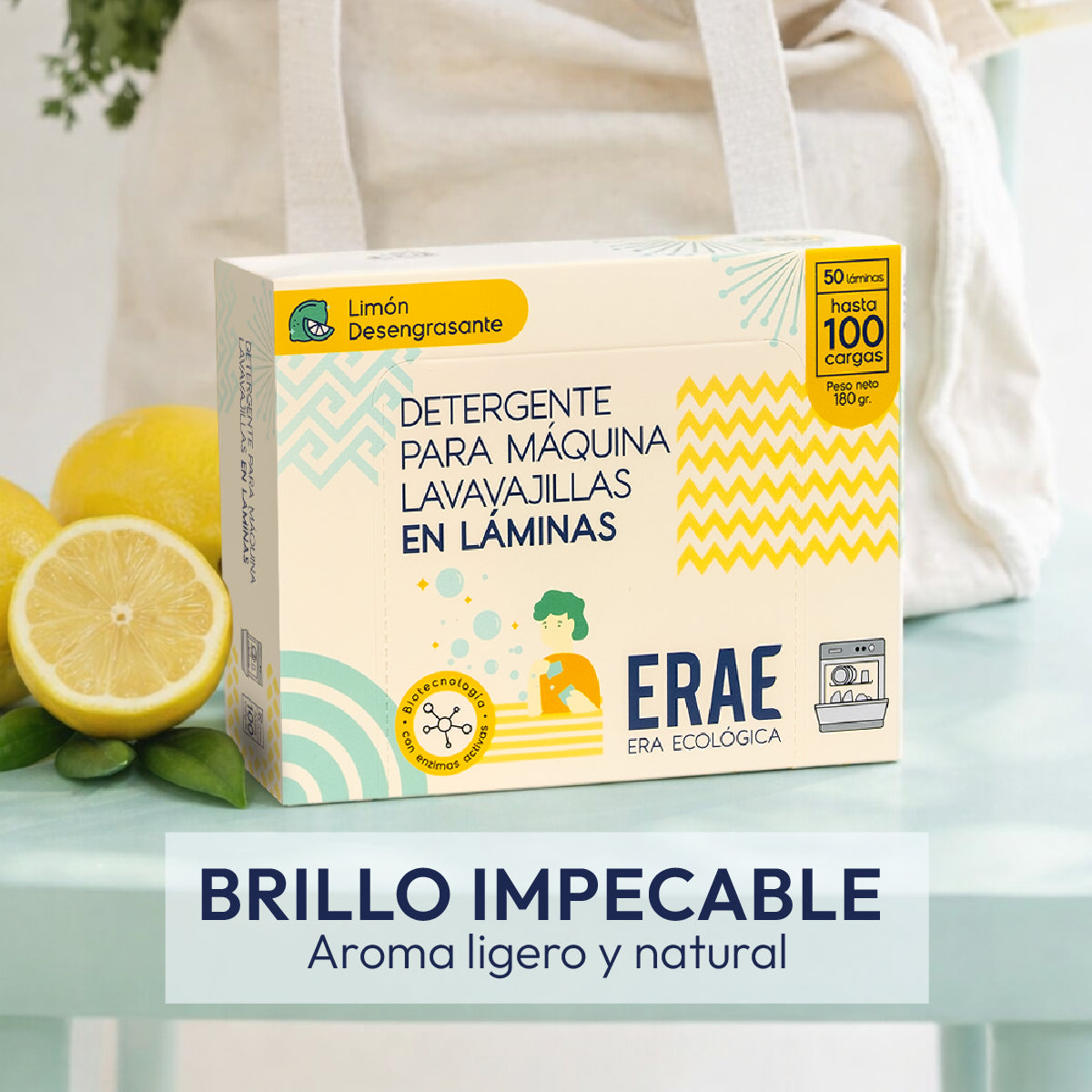 Láminas para máquina lavavajillas ERAE sabor Limón. Beneficio de limpieza profunda sin tóxicos, empaque compacto que rinde 100 cargas y deja un aroma natural fresco.