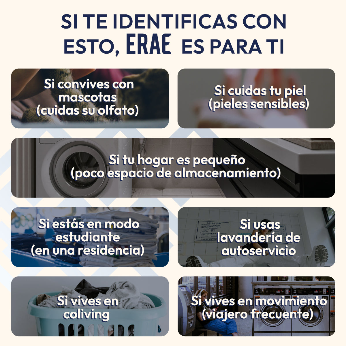 Beneficios del detergente ERAE para diferentes estilos de vida: ideal para pieles sensibles, hogares con mascotas, viajeros frecuentes y lavado en lavanderías de autoservicio o espacios pequeños