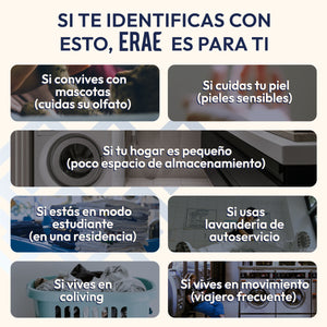 Beneficios del detergente ERAE para diferentes estilos de vida: ideal para pieles sensibles, hogares con mascotas, viajeros frecuentes y lavado en lavanderías de autoservicio o espacios pequeños