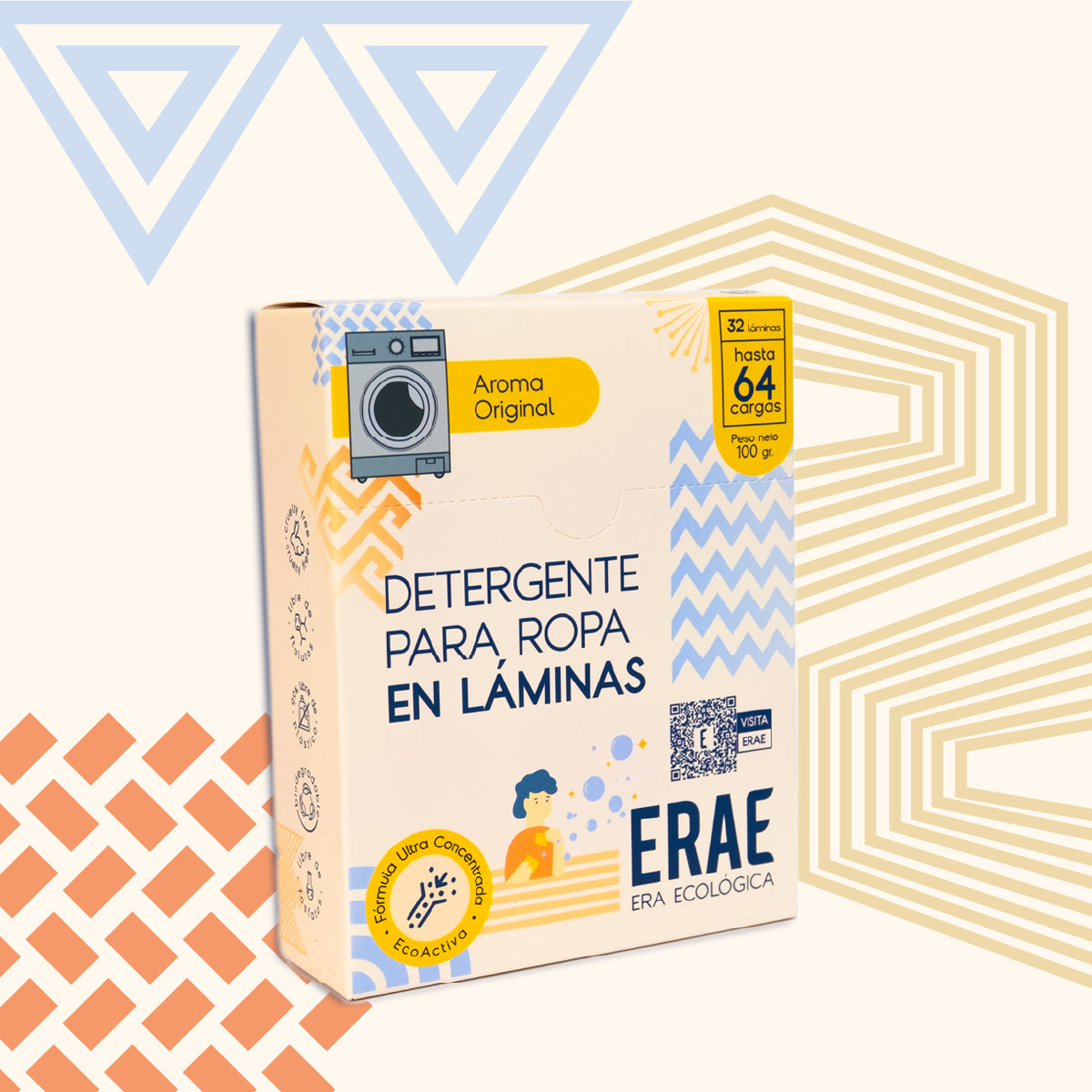 Detergente en láminas ERAE Aroma Original. Beneficio de máximo rendimiento en mínimo espacio, libre de químicos agresivos y 100% soluble en agua para cuidar tu ropa y el planeta.
