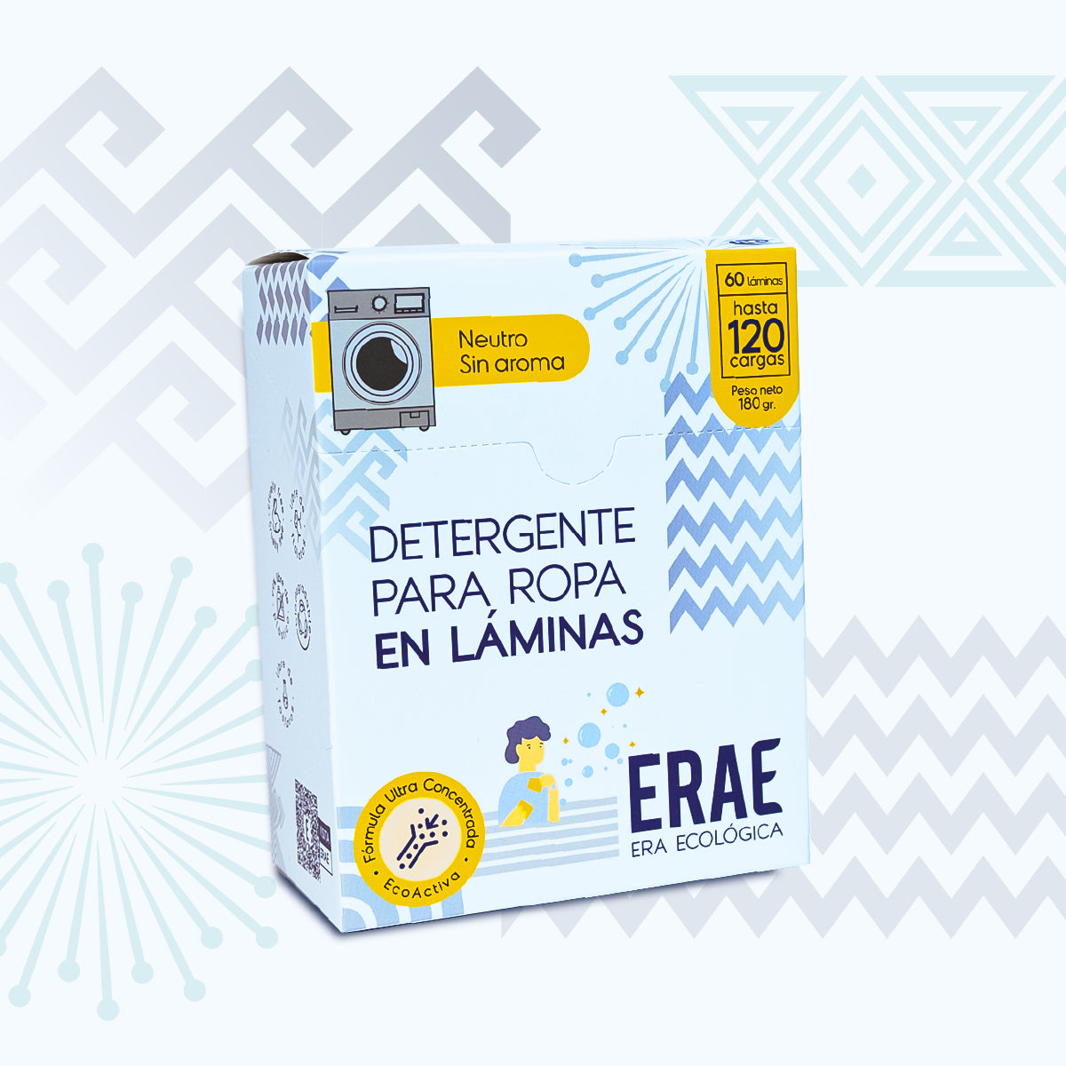 Detergente en láminas ERAE Neutro. Beneficio de 120 cargas de lavado sin aroma en un empaque ligero y ecológico. Ideal para pieles sensibles y un hogar libre de plástico