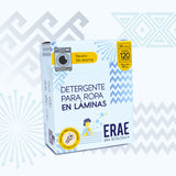 Detergente en láminas ERAE Neutro. Beneficio de 120 cargas de lavado sin aroma en un empaque ligero y ecológico. Ideal para pieles sensibles y un hogar libre de plástico