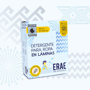 Detergente en láminas ERAE Neutro. Beneficio de 120 cargas de lavado sin aroma en un empaque ligero y ecológico. Ideal para pieles sensibles y un hogar libre de plástico