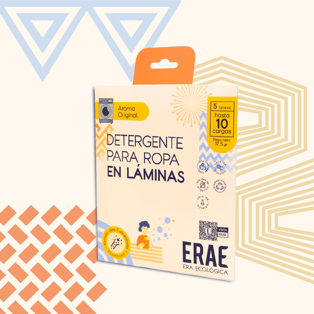 Detergente en láminas ERAE para viajeros. Beneficio de limpieza fresca y sin plástico en un formato de bolsillo que no ensucia tu equipaje y cuida tu huella ambiental