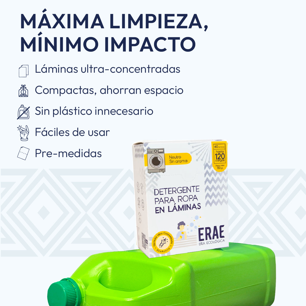 Explicación de qué son las láminas de detergente ERAE: limpieza potente sin aroma fresco, empaque sostenible que elimina botellas de plastico y formula libre de fosfatos premedidas
