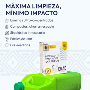 Explicación de qué son las láminas de detergente ERAE: limpieza potente sin aroma fresco, empaque sostenible que elimina botellas de plastico y formula libre de fosfatos premedidas