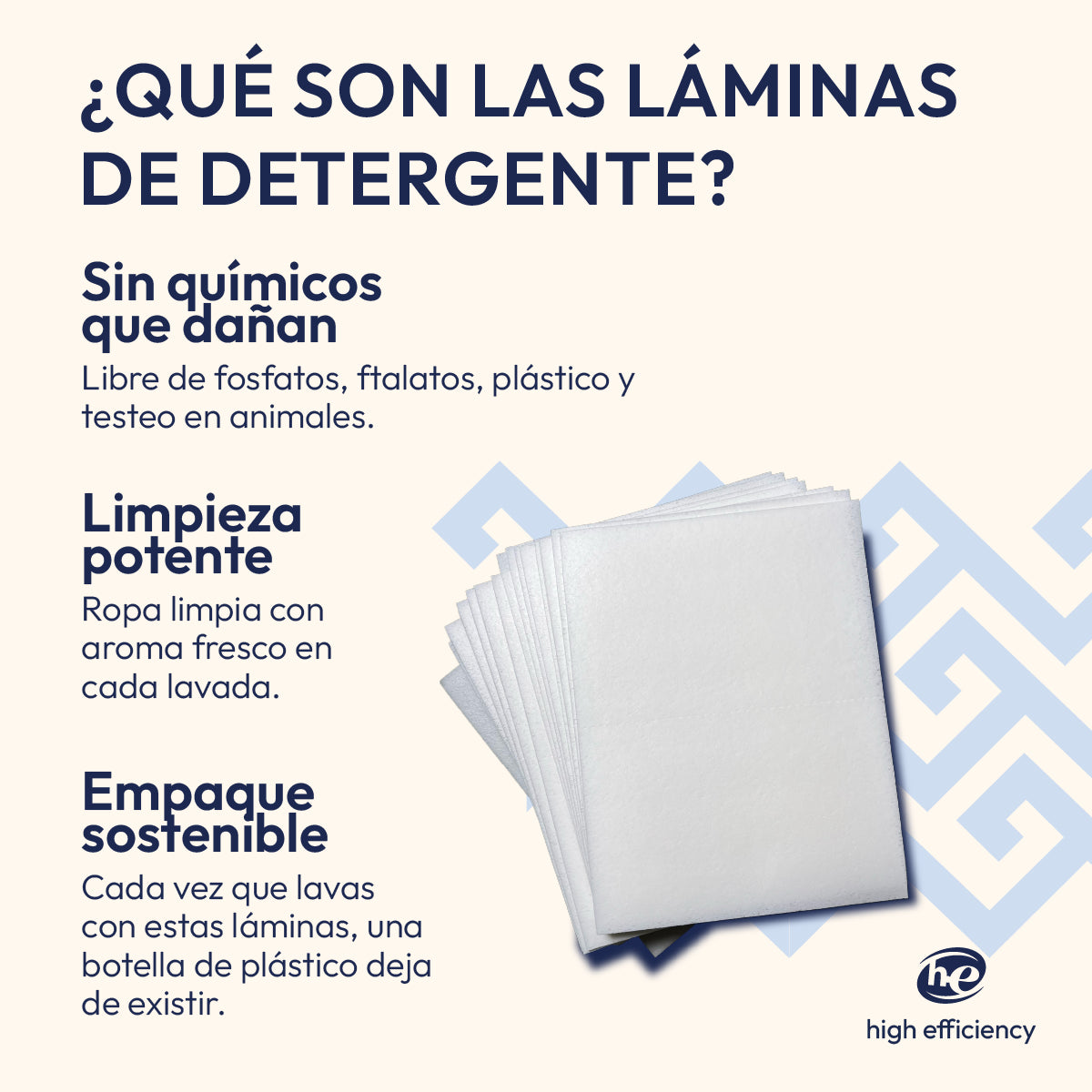 Infografía explicativa sobre qué son las láminas de detergente ERAE: limpieza potente con aroma fresco, empaque sostenible sin plástico y libre de químicos que dañan como fosfatos y ftalatos